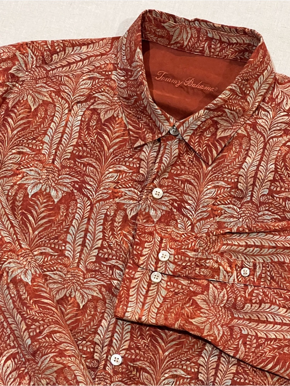 Tommy Bahama Men's Rust Palm-Print Button-Down Shirt Silk Cotton Blend Large